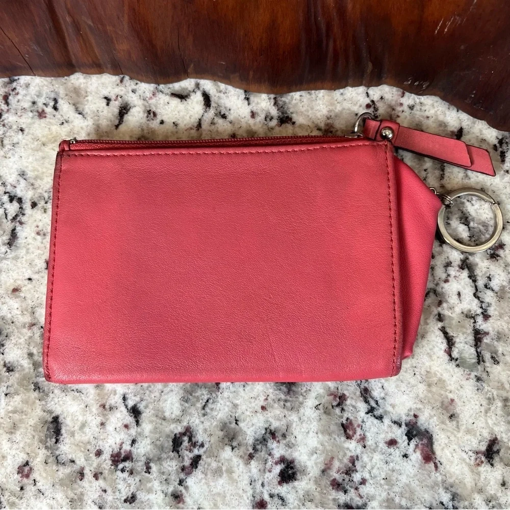 COACH Coral Pink Leather Zip Card Pouch with Key Ring